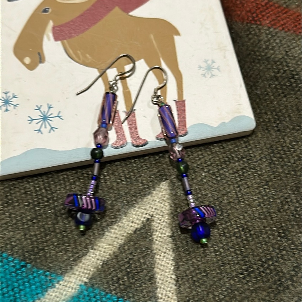 925 sterling silver wire dangle earrings with colourful blue Murano? beads 2.5”